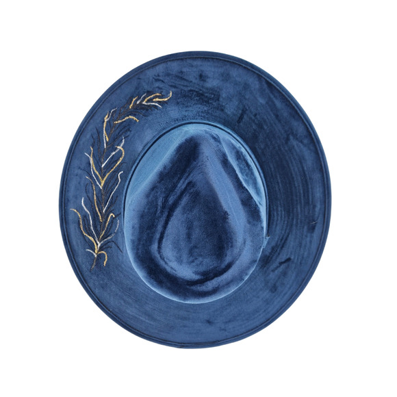 Daugherty Design Co Accessories - Blue Velvet Burned and Hand Painted Feather Tear Drop Hat